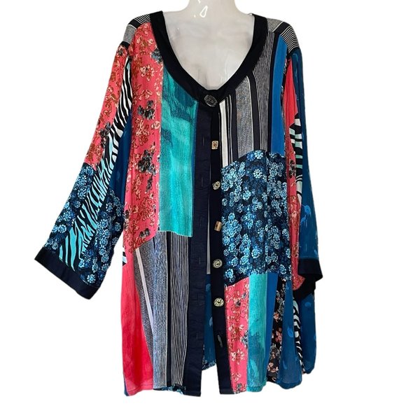 La Cera Jackets & Blazers - La Cera BOHO Tunic with Geometric Color Block Print Whimsical Buttons Down Front